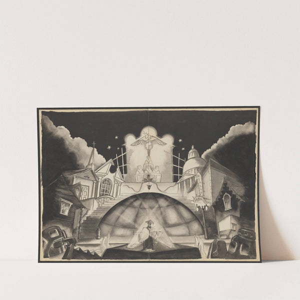 It Can’t Happen Here: Surreal Scene with Buildings, Human Figures, Globe, Eagle Ornament (1934-1943)