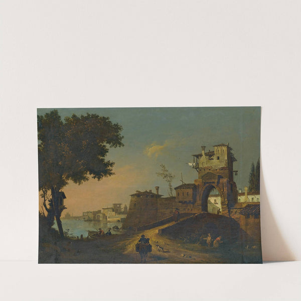 Italian Landscape With Figures Entering A Fortified Waterside Town by Giovanni Migliara