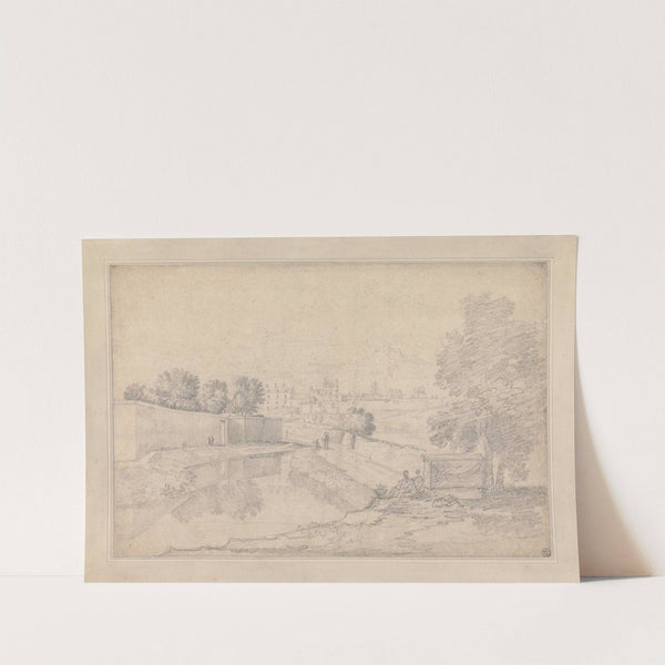 Italian Landscape with River Running Between High Wall at Left and High Bank at Right Towards a Small Town with Figures on the Banks by Richard Wilson