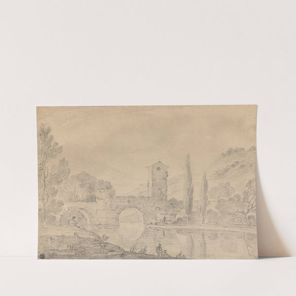 Italian Landscape with Three-Arched Bridge, Bridgehouse, Figures on near Bank, and Poplars on Farther Bank by Richard Wilson