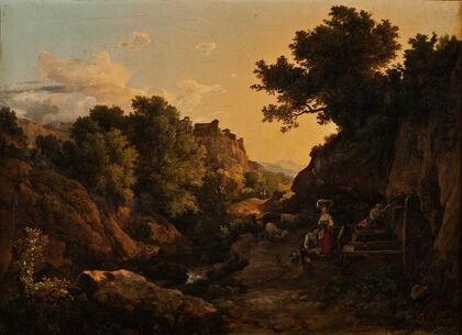 Italian Mountain Scene, Woman By A Fountain