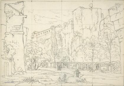 Italian View; A Pathway and Arbor at the Base of Cliffs