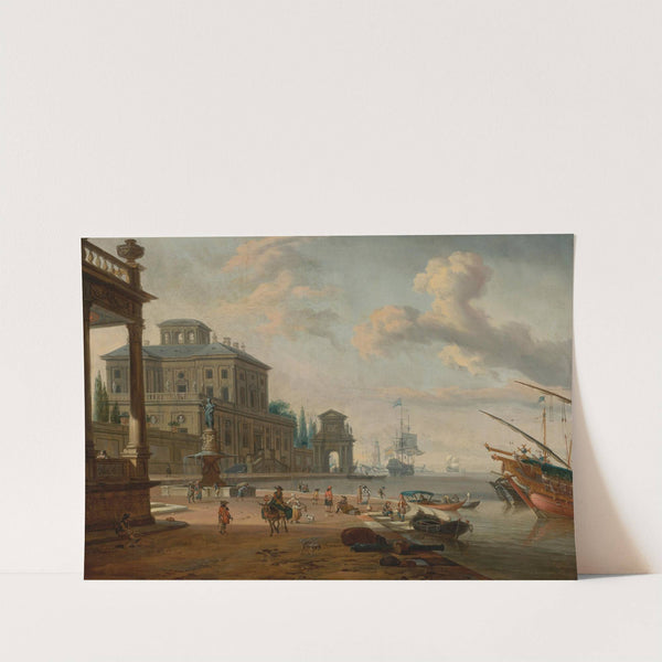 Italianate harbor scene with figures and animals in a grand architectural setting by Abraham Storck