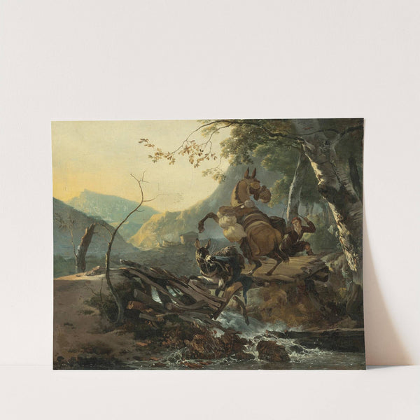 Italianate Landscape With A Donkey And A Rearing Horse Crossing A Collapsing Bridge by Adam Pynacker