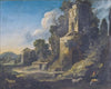 Italianate landscape with buildings and a herdsman playing pipes