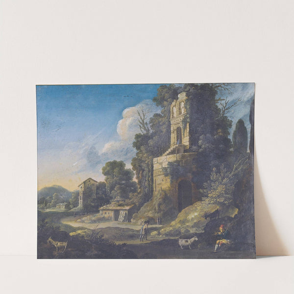 Italianate landscape with buildings and a herdsman playing pipes by Bartholomeus Breenbergh