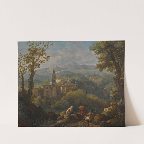 Italianate landscape with three figures in the foreground, hilltop villages and a church beyond by Jan Frans Van Bloemen