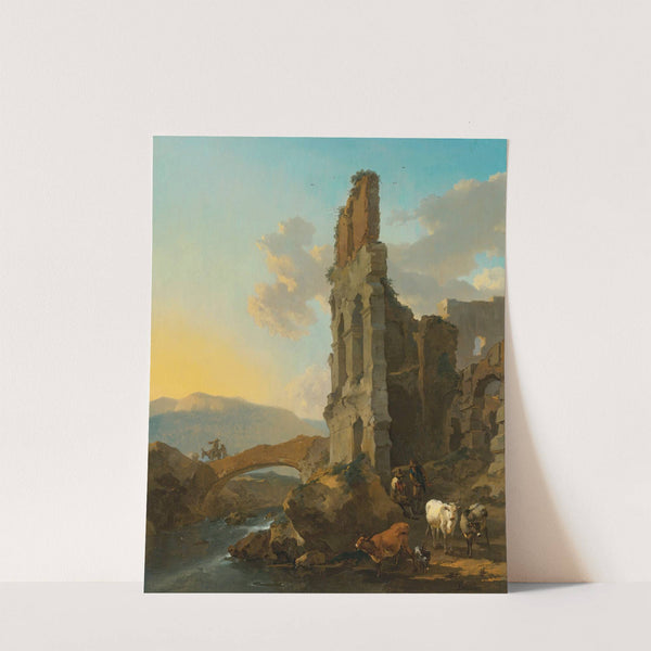 Italianate River Landscape With Herdsmen By The Ruins Of An Amphitheatre, And Peasants Crossing A Bridge by Nicolaes Pietersz. Berchem