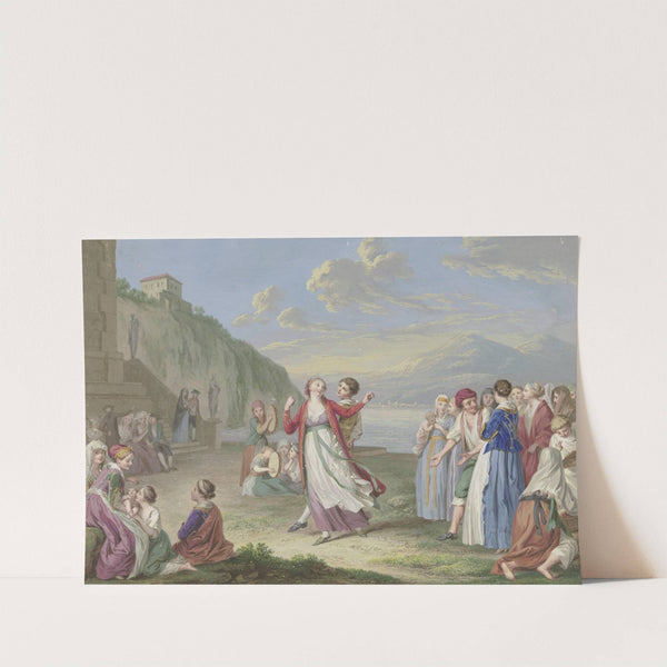 Italienische Landleute unterhalten sich am Seeufer mit Spiel und Tanz, im Hintergrund hohe Berge by Johann Friedrich August Tischbein