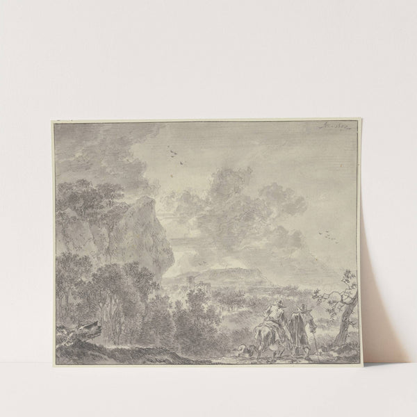 Italienische Landschaft, bewaldete Ebene, vorne zwei Wanderer, der linke beritten by Adriaen van der Cabel