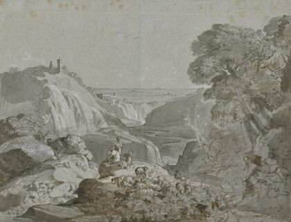Italienische Landschaft, im Vordergrund zwei Hirten und ihre Herde