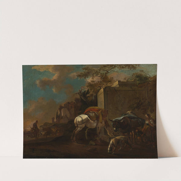 Italienische Landschaft mit Bauern und Vieh am Brunnen by Jan van Ossenbeeck