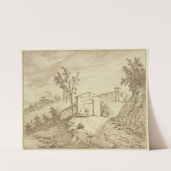 Italienische Landschaft, vor dem Tore einer Villa sitzt eine Frau, die einem Mönche ein Almosen gibt by Theodoor Wilkens