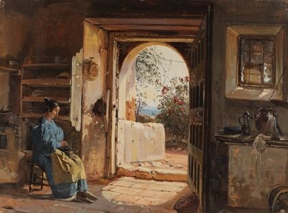 Italienische Stube mit einer sitzenden, Kaffee mahlenden Frau, die den Blick auf Garten und Meer freigibt