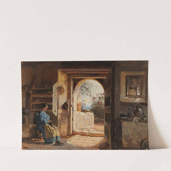 Italienische Stube mit einer sitzenden, Kaffee mahlenden Frau, die den Blick auf Garten und Meer freigibt by Johann Baptist Kirner