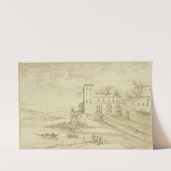 Italienische Villa an einem See, vorne Fischerbarken by Theodoor Wilkens