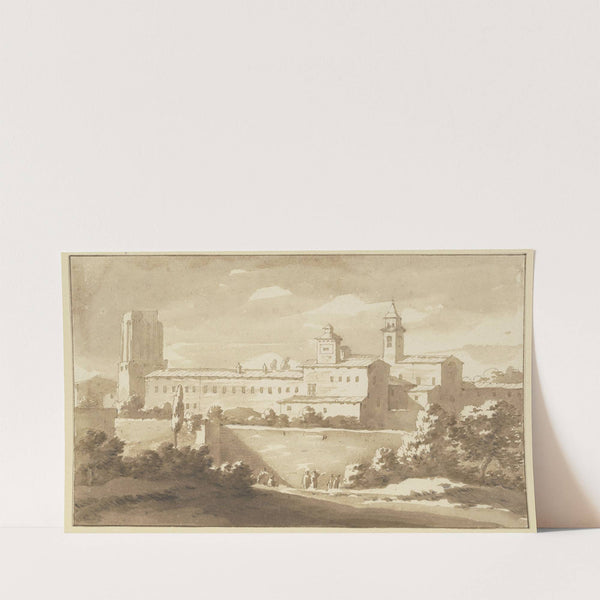 Italienisches Kloster hinter hohen Mauern, die Turmruine der Torre delle Millizie in Rom nachempfunden by Jacob van der Ulft