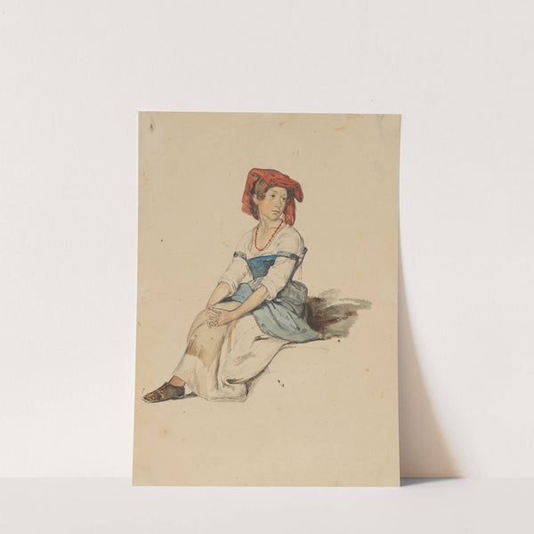 Italienisches Mädchen mit roter Kopfbedeckung, die Hände über den Knien gefaltet by Johann Baptist Kirner