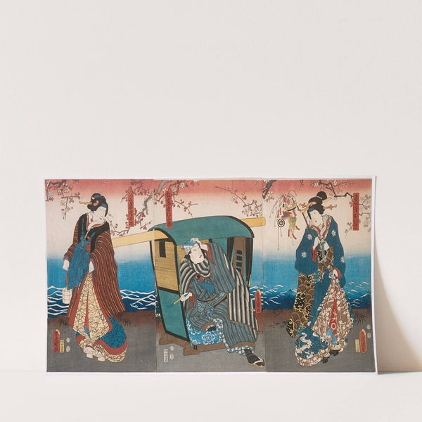Iwai Hanshirō VIII as Geisha Ohisa, Kataoka Gadō II as Matsushiyama Jinzaburō, and Onoe Kikujirō II as Izumiya’s wife Oume in the Play Matsuichō tsurukame Soga (1854) by Utagawa Kunisada (Toyokuni III)