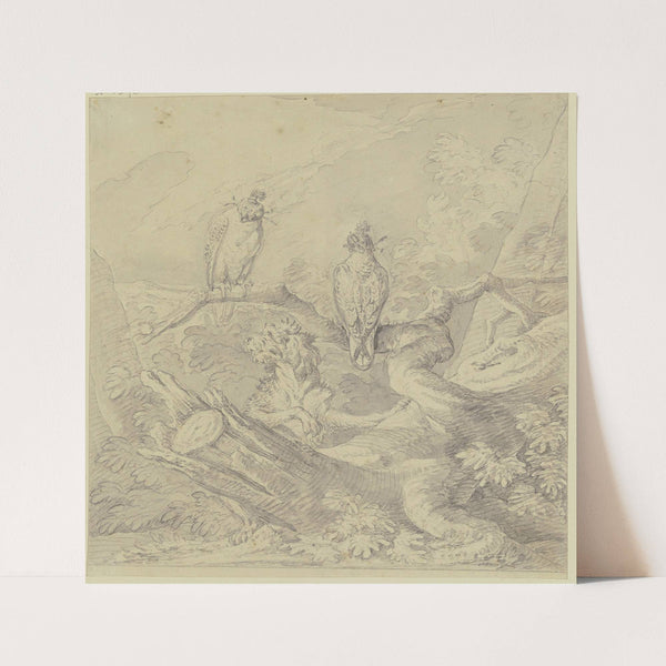 Jagdfalken, auf einem Ast eines gefällten Baumes sitzend, unter ihnen ein vorstehender Cocker Spaniel by Johann Elias Ridinger