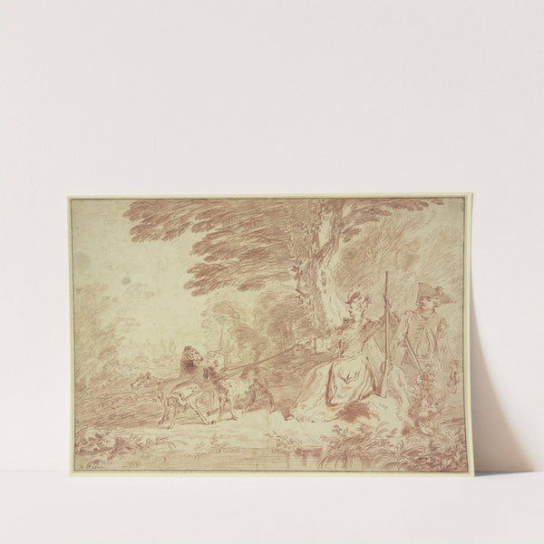 Jagdpartie, Jägerin und Jäger mit vier Hunden in einer Landschaft by Jean-Antoine Watteau