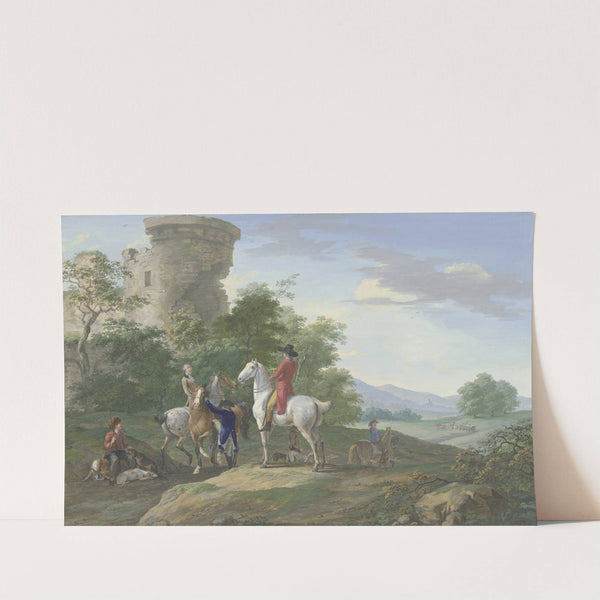 Jäger mit Pferden und Jagdhunden machen bei einer Ruine halt by Johann Georg Pforr