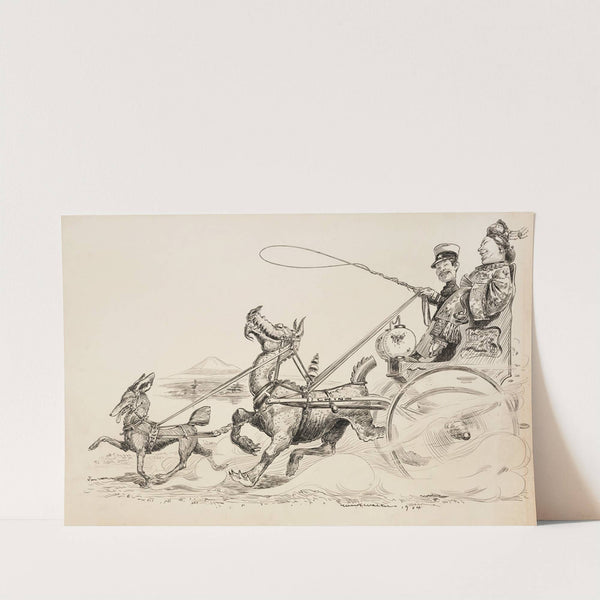 Japan, depicted as a soldier, rides in a wagon with and courts a woman representing China (1904) by William Henry Walker