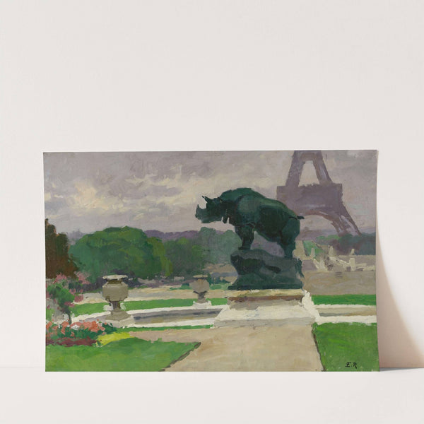Jardin du Trocadéro avec le Rhinocéros de Jacquemart by Ernest Jules Renoux