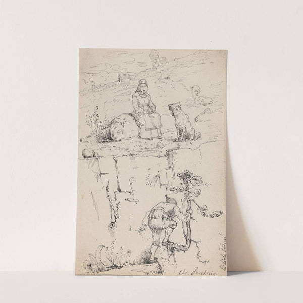 Jente, hund og klatrende gutt by Christian Skredsvig