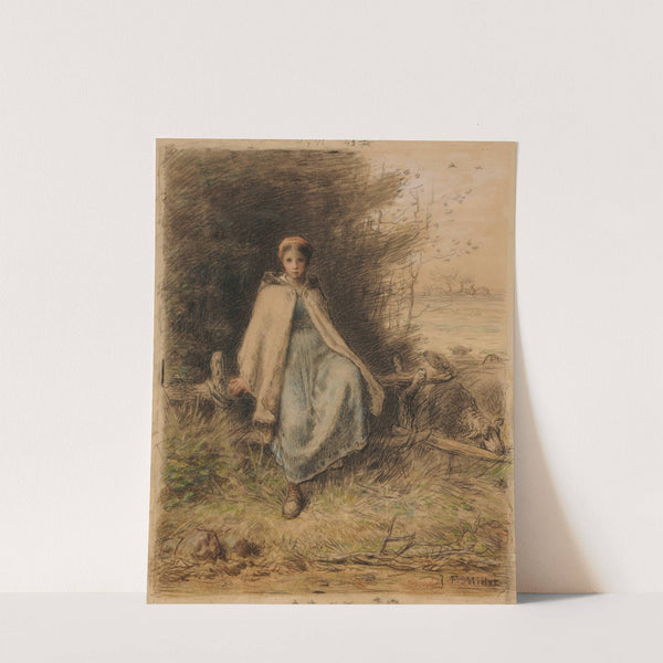 Jeune bergère assise sur une barrière by Jean-François Millet