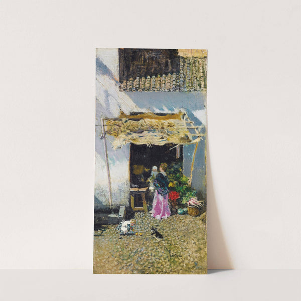 Jeune femme à la jupe lilas, devant une échoppe de légumes by Mariano Fortuny Marsal