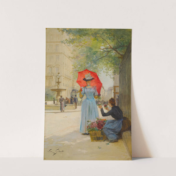 Jeune femme à l'ombrelle achetant des fleurs by Victor Gabriel Gilbert