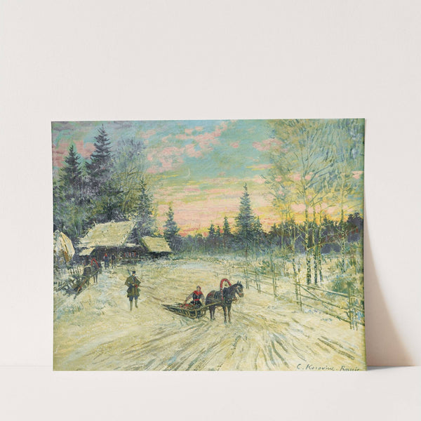 Jeune femme sur un traineau s'éloignant d'un chasseur by Konstantin Alexeevich Korovin