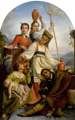 Jeunes filles à la fontaine donnant à boire à des voyageurs, costumes des environs de fundi