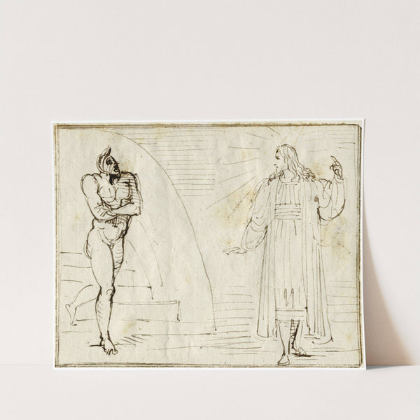 Jezus, staand, diéén beschaamde duivel verwittigt by David Humbert de Superville