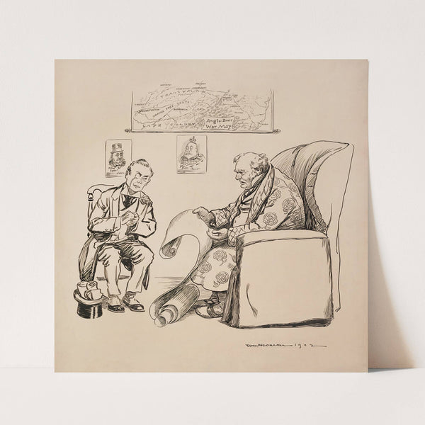 John Bull (Great Britain) reads a long scroll with concern. Behind him is a map of the Anglo-Boer War. (1902) by William Henry Walker