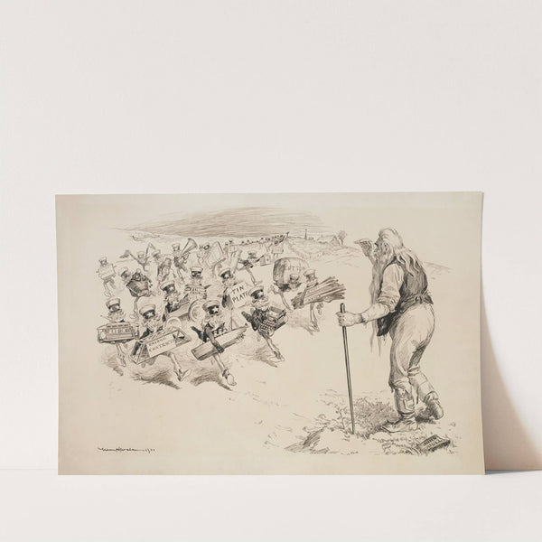 John Bull (Great Britain) stands in a field as many small versions of Uncle Sam run towards him to offer various goods and raw materials. (1901) by William Henry Walker