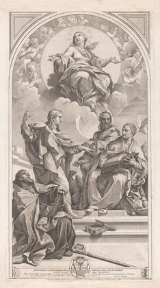 John the Baptist explains doctrine of the Immaculate Conception to Saint Gregory, Saint Augustine and John Chrysostomos (1687)