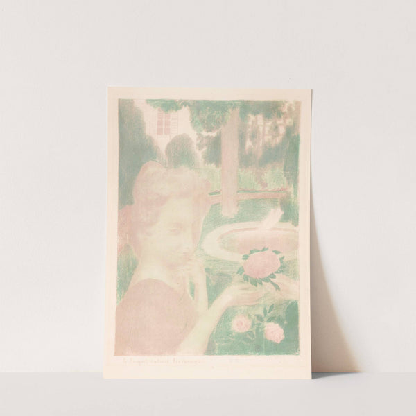 Jonge vrouw krijgt bloemenboeket in een tuin (1899) by Maurice Denis