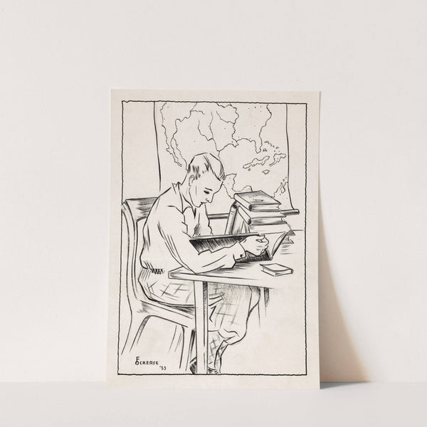 Jongeman leest een boek aan een tafel by F. Ockerse