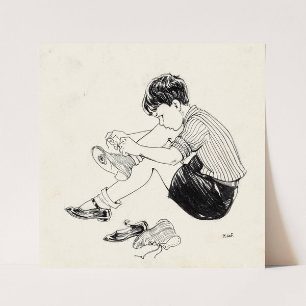 Jongen die een voetbalschoen aantrekt (1928) by Miep de Feijter