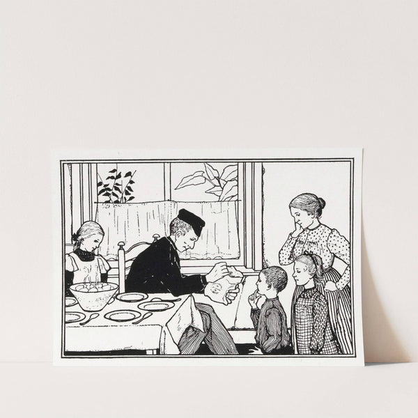 Jongen en meisje tonen hun vader een zak (1887) by Julie de Graag