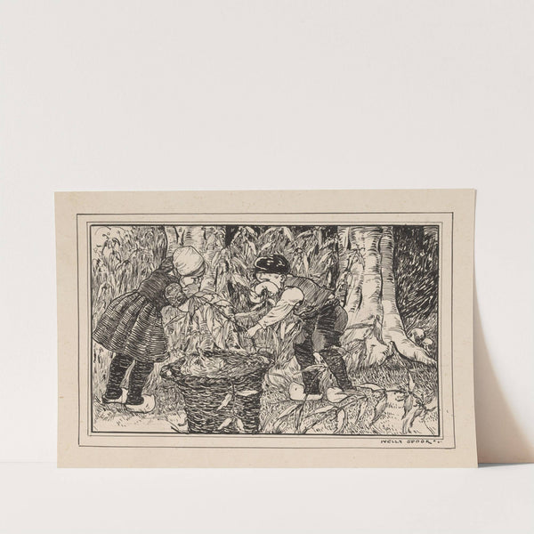 Jongen en meisje verzamelen takken en bladeren by Nelly Spoor