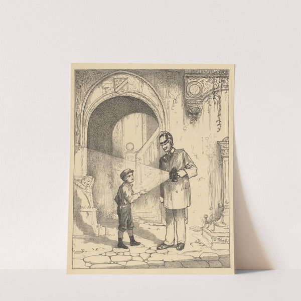 Jongen en politieman op een straat by Willem Pothast