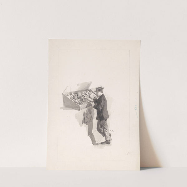 Jongen leest een boek voor de vitrine van een boekhandelaar by Alcide Théophile Robaudi