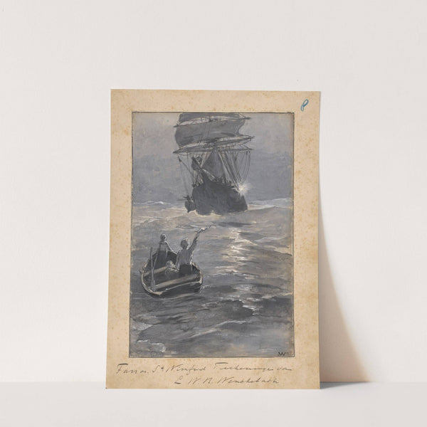 Jongens seinen naar een schip vanaf een zinkende roeiboot by Willem Wenckebach