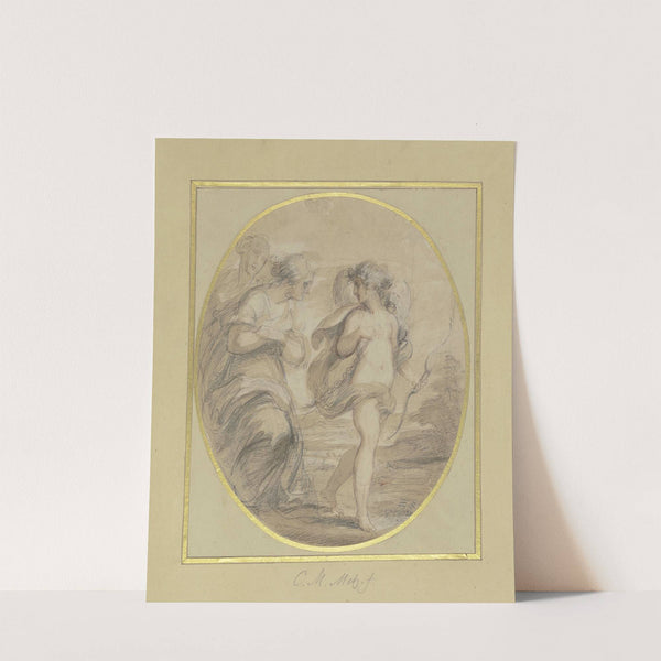 Jugendlicher Amor, der zwei junge Frauen an einer Kette führt by Conrad Martin Metz