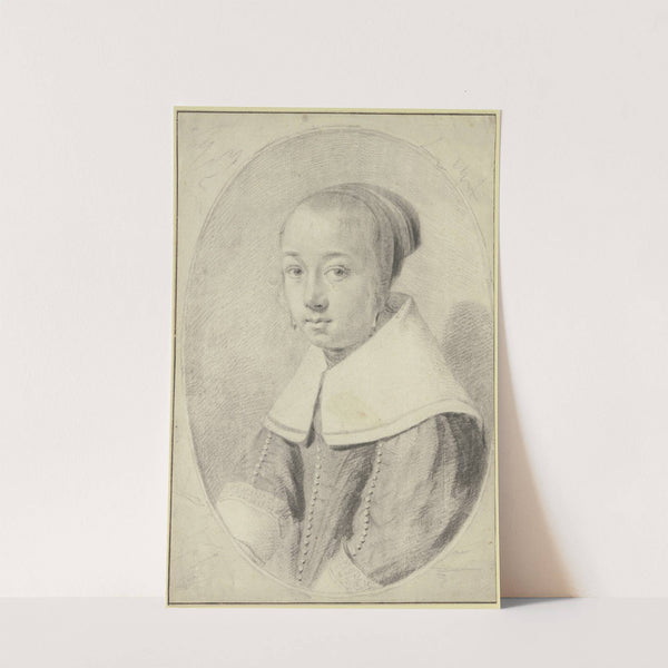 Junge Frau mit Häubchen, weißem glattem Kragen und mit Knöpfen besetztem Kleid nach links by Jan Anthonisz van Ravesteyn