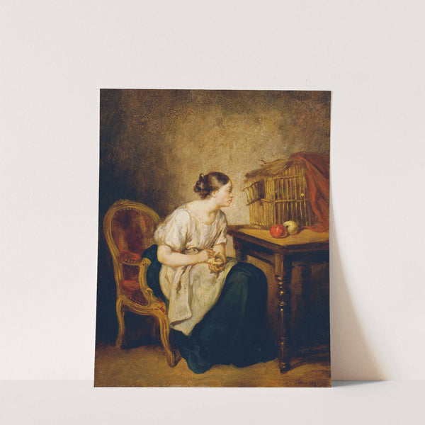Junge Frau mit Vogelkäfig by Octave Tassaert