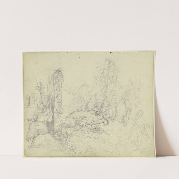 Junge Mädchen belauschen hinter einer Mauer einen Mann, der einem Kinde zu trinken gibt und mehrere andere Figuren by Hermann Gollner